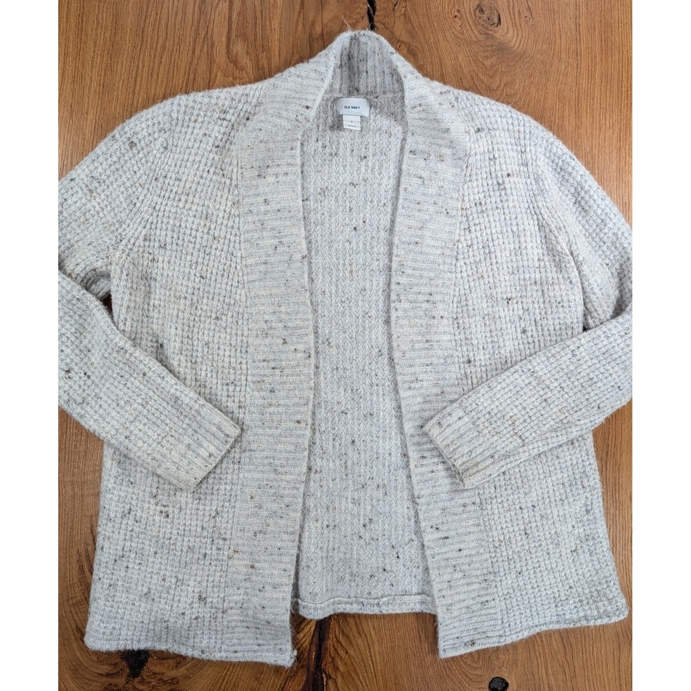 Old Navy Cardigan Sweater Womens S Gray Waffle Knit Open Front‎ Cozy Speckled